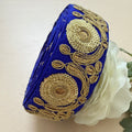 Royal Blue & Antique Gold Zari Embroidered Lace Trim – 9 Yards Roll.