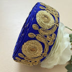 Royal Blue & Antique Gold Zari Embroidered Lace Trim – 9 Yards Roll.