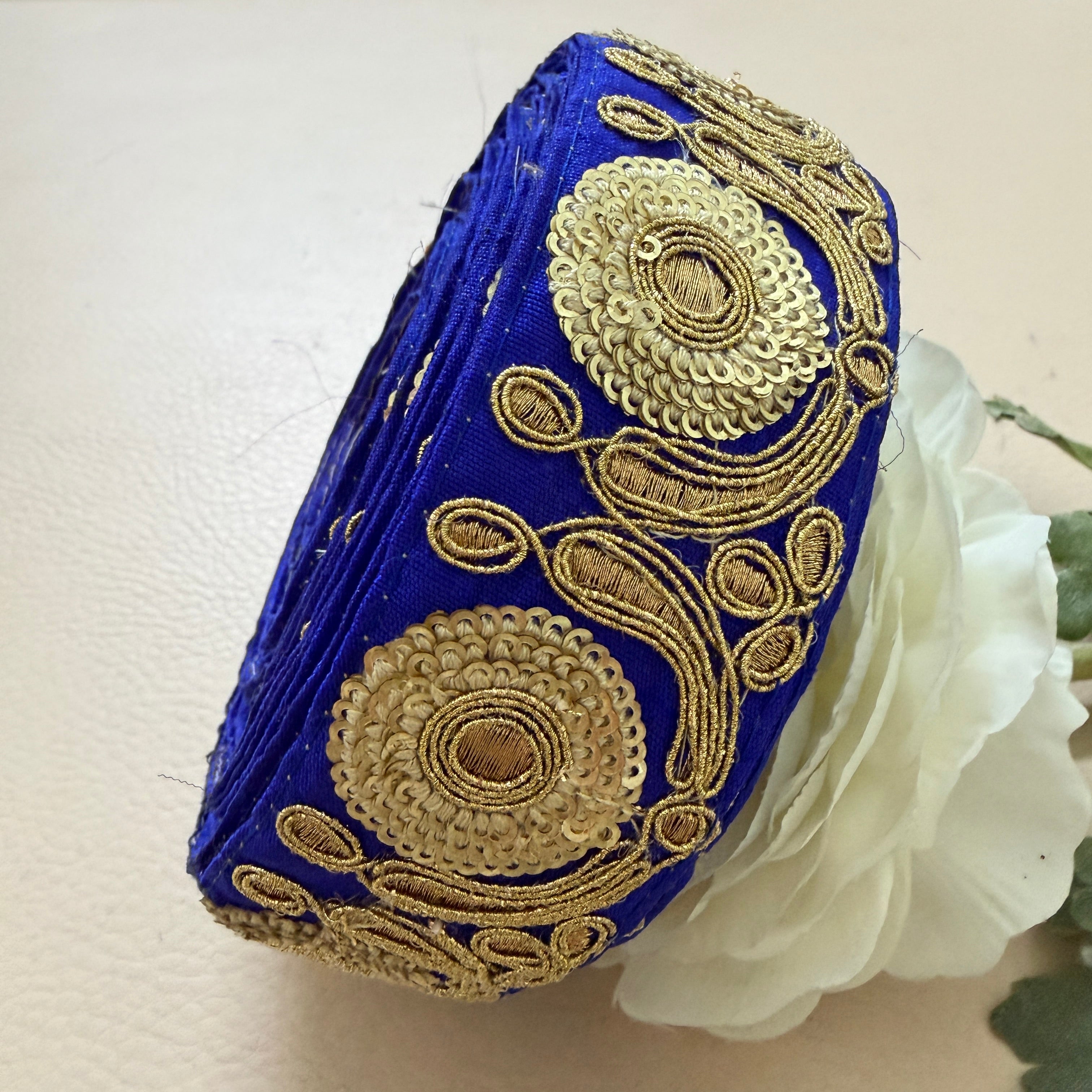 Royal Blue & Antique Gold Zari Embroidered Lace Trim – 9 Yards Roll.