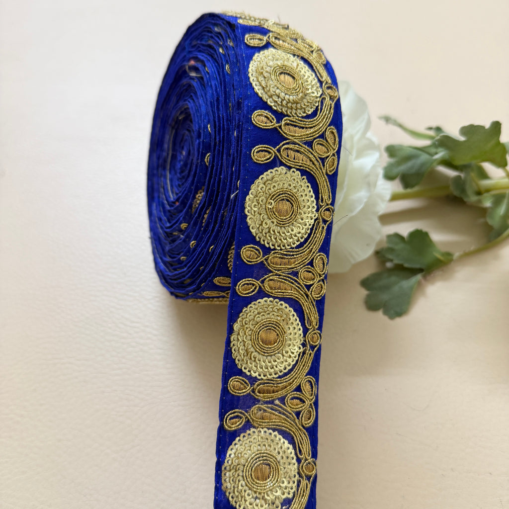 Royal Blue & Antique Gold Zari Embroidered Lace Trim – 9 Yards Roll.