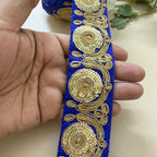 Royal Blue & Antique Gold Zari Embroidered Lace Trim – 9 Yards Roll.