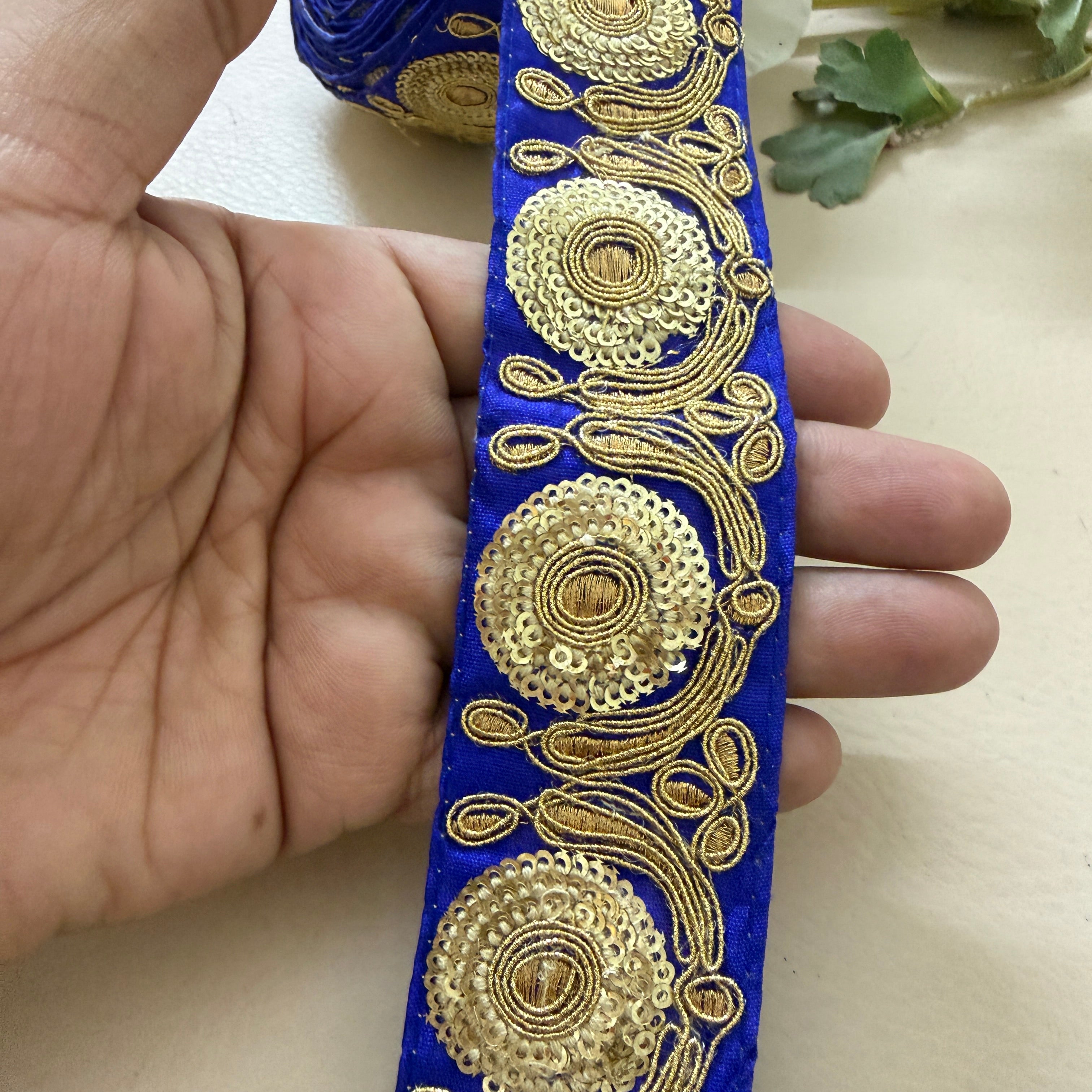 Royal Blue & Antique Gold Zari Embroidered Lace Trim – 9 Yards Roll.