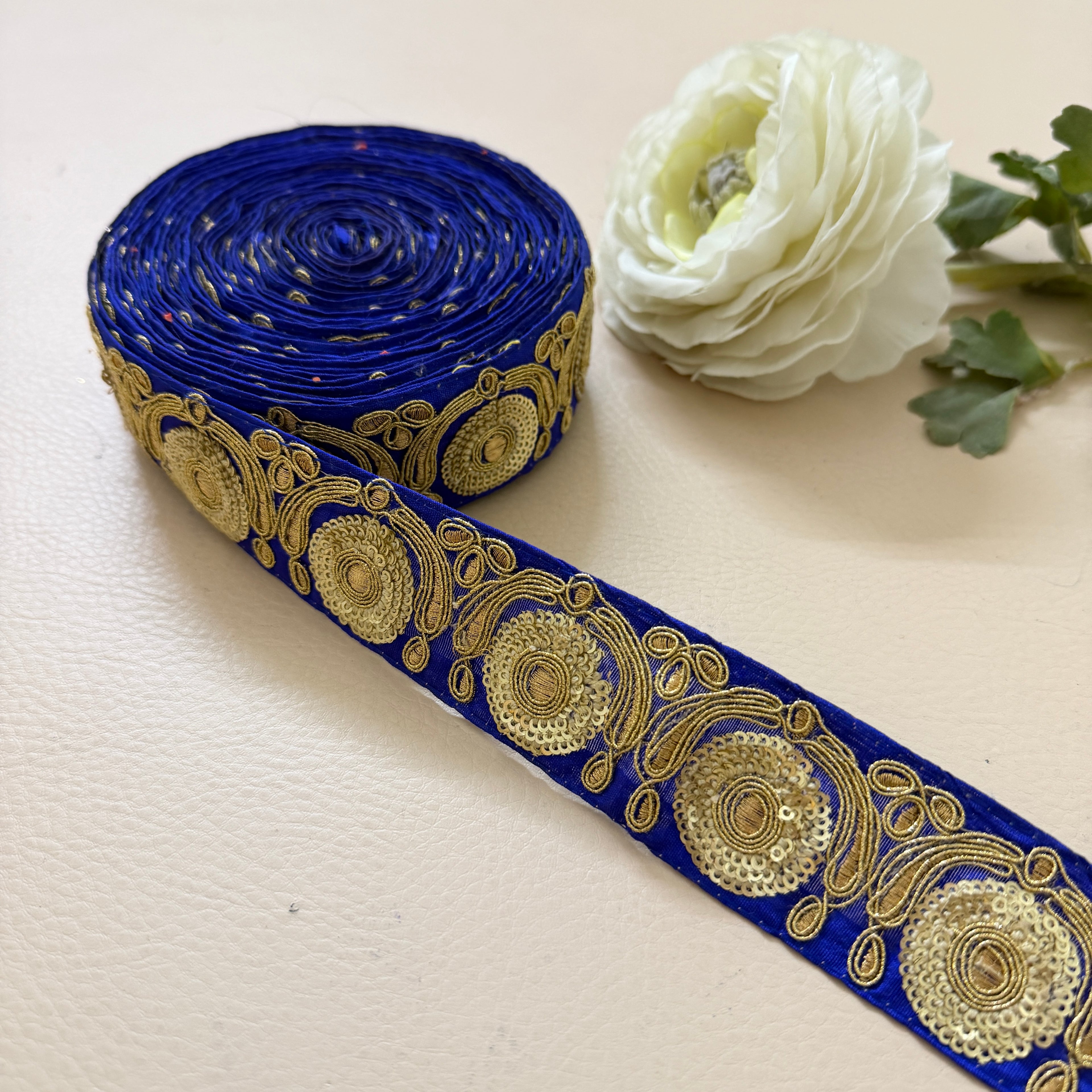 Royal Blue & Antique Gold Zari Embroidered Lace Trim – 9 Yards Roll.