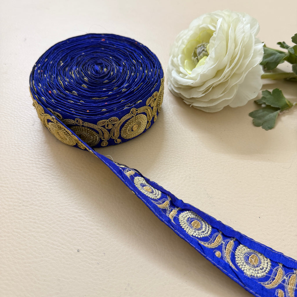 Royal Blue & Antique Gold Zari Embroidered Lace Trim – 9 Yards Roll.