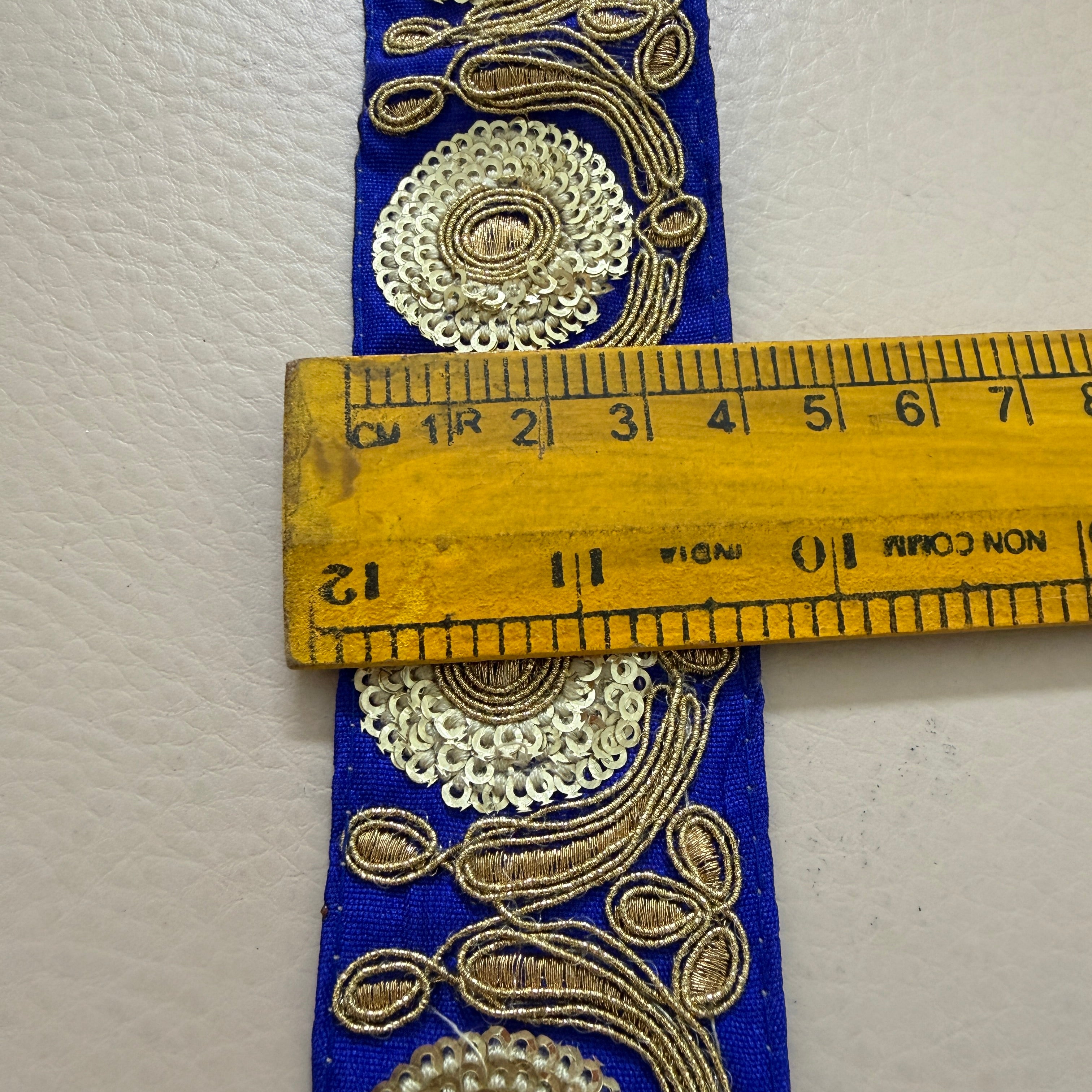 Royal Blue & Antique Gold Zari Embroidered Lace Trim – 9 Yards Roll.