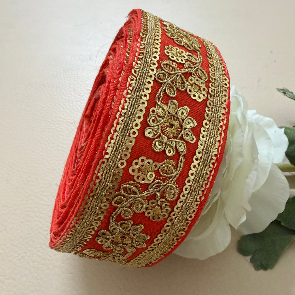 Vibrant Scarlet Red & Gold Floral Zari Lace Trim – 9 Yard Roll.