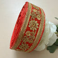 Vibrant Scarlet Red & Gold Floral Zari Lace Trim – 9 Yard Roll.