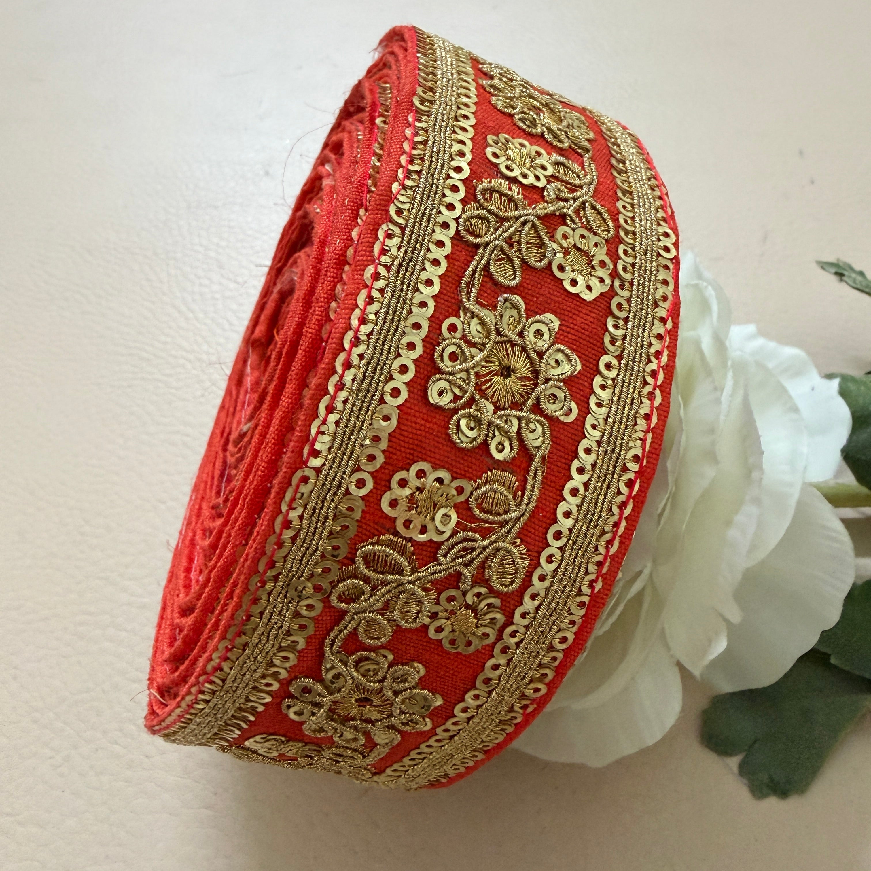 Vibrant Scarlet Red & Gold Floral Zari Lace Trim – 9 Yard Roll.