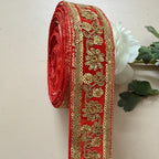 Vibrant Scarlet Red & Gold Floral Zari Lace Trim – 9 Yard Roll.