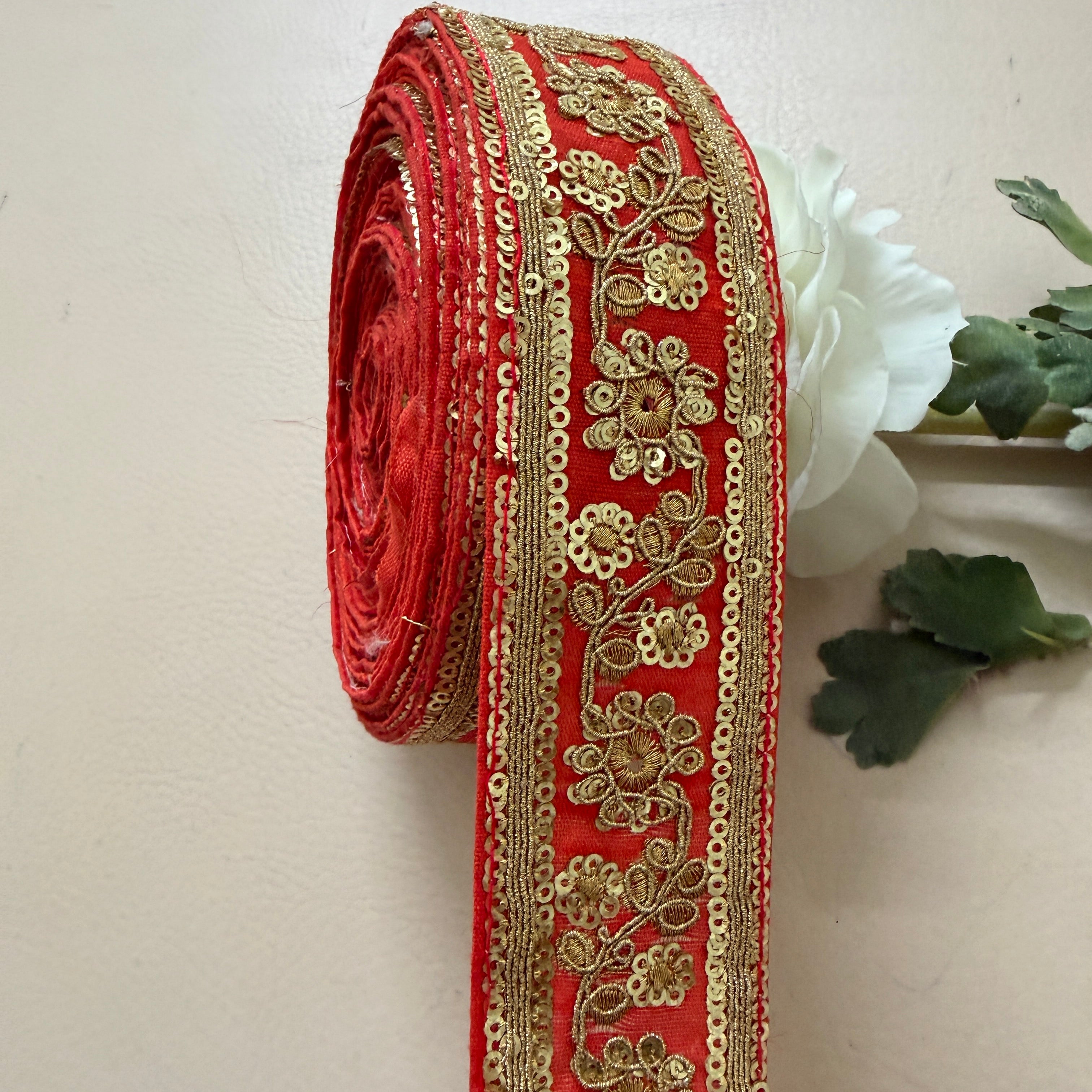 Vibrant Scarlet Red & Gold Floral Zari Lace Trim – 9 Yard Roll.