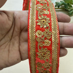 Vibrant Scarlet Red & Gold Floral Zari Lace Trim – 9 Yard Roll.
