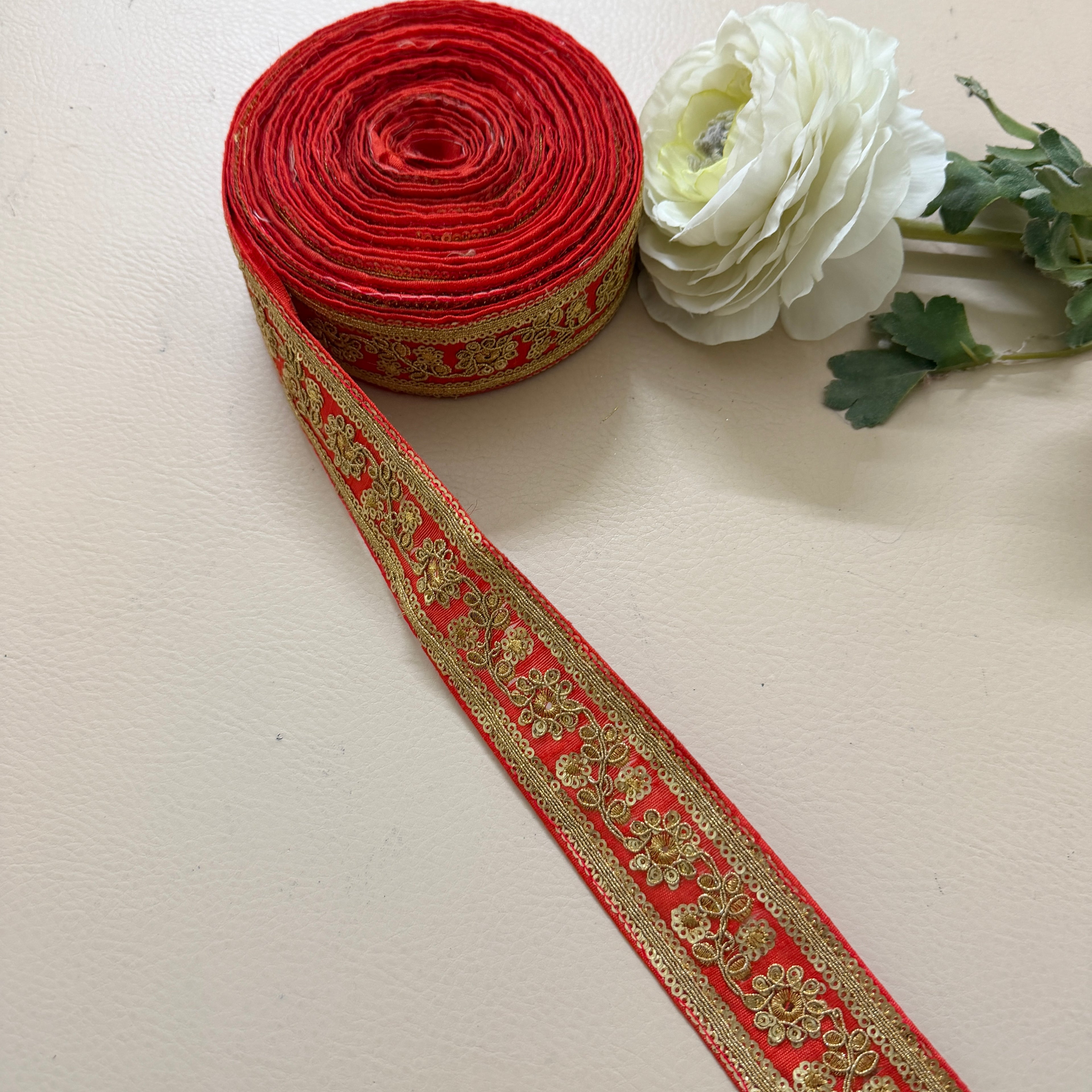 Vibrant Scarlet Red & Gold Floral Zari Lace Trim – 9 Yard Roll.