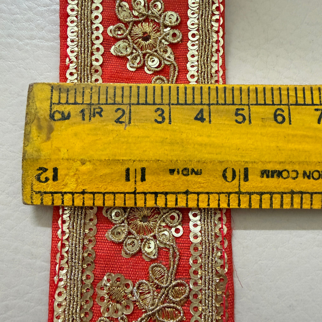 Vibrant Scarlet Red & Gold Floral Zari Lace Trim – 9 Yard Roll.