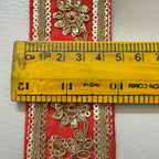 Vibrant Scarlet Red & Gold Floral Zari Lace Trim – 9 Yard Roll.