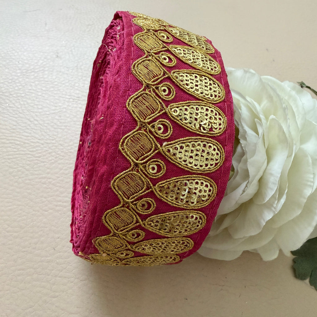 Premium Magenta Pink & Gold Embroidered Lace Border Trim – 9 Yards.