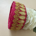 Premium Magenta Pink & Gold Embroidered Lace Border Trim – 9 Yards.