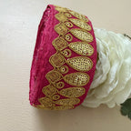 Premium Magenta Pink & Gold Embroidered Lace Border Trim – 9 Yards.