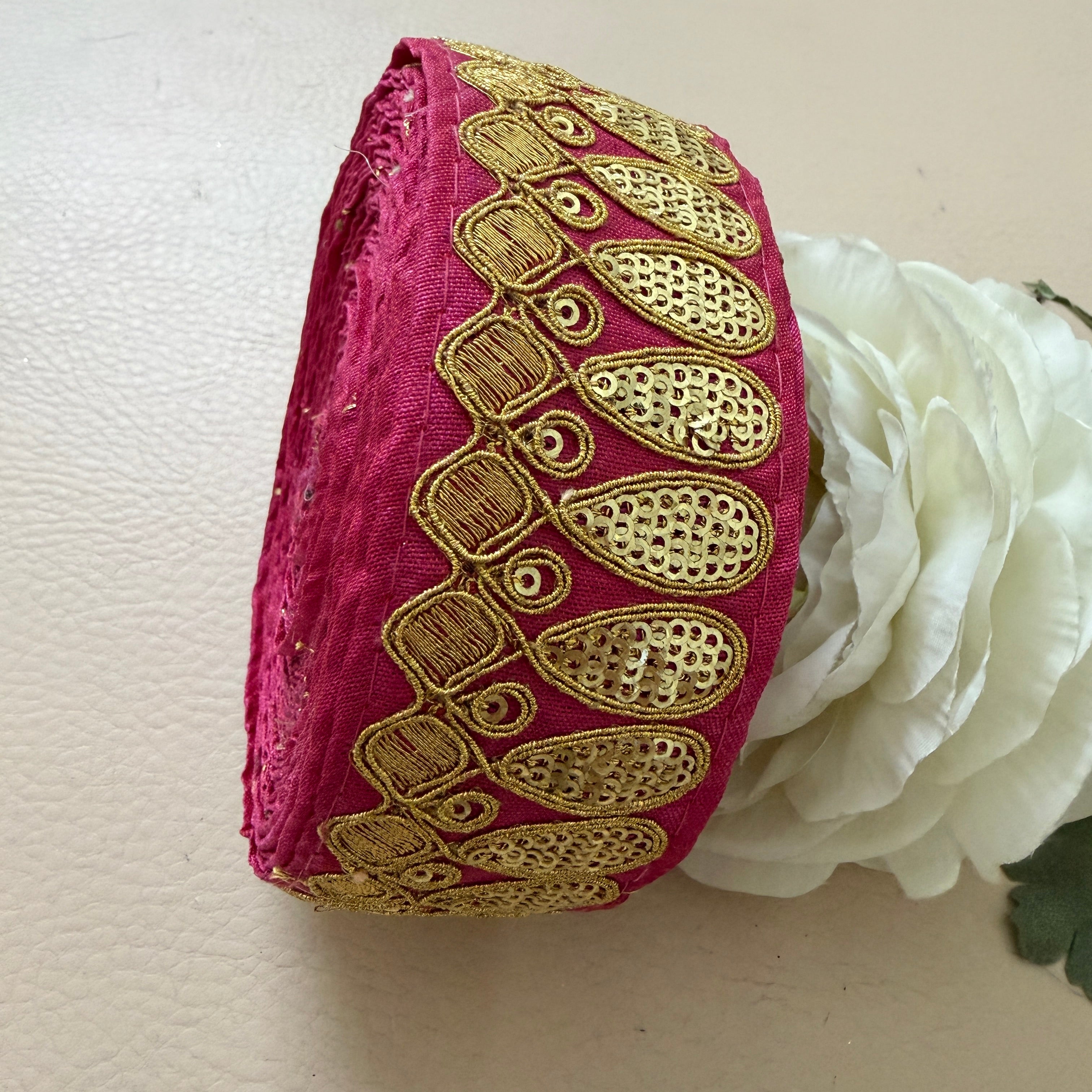 Premium Magenta Pink & Gold Embroidered Lace Border Trim – 9 Yards.