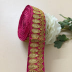 Premium Magenta Pink & Gold Embroidered Lace Border Trim – 9 Yards.