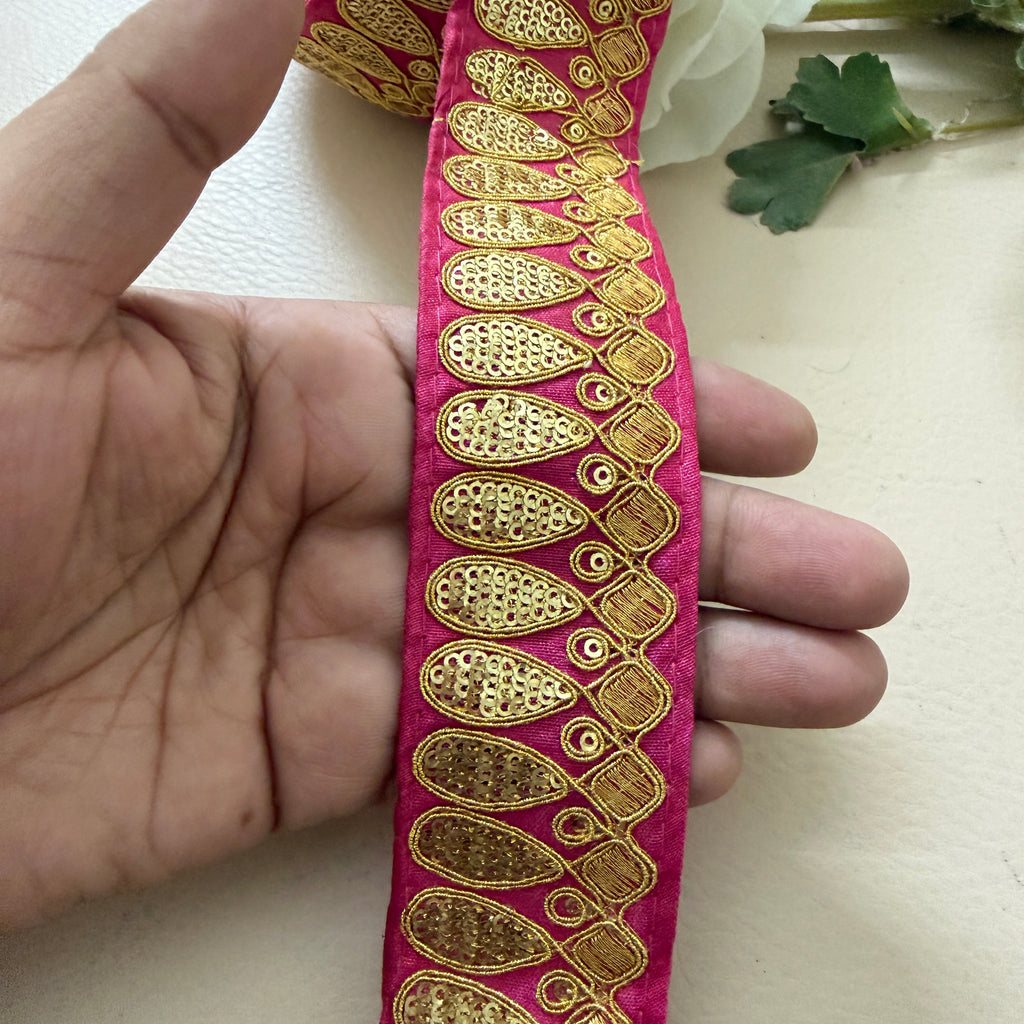 Premium Magenta Pink & Gold Embroidered Lace Border Trim – 9 Yards.