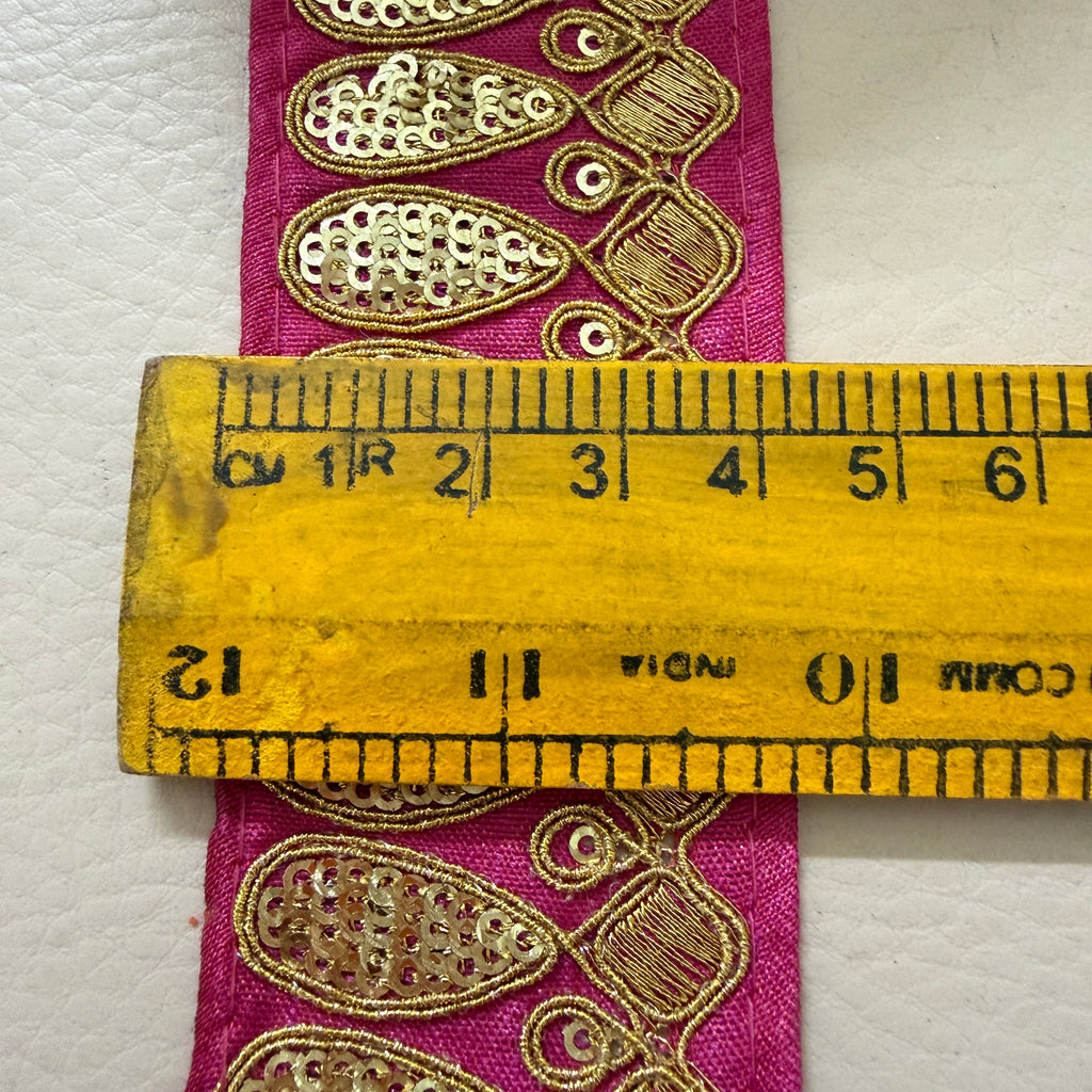 Premium Magenta Pink & Gold Embroidered Lace Border Trim – 9 Yards.