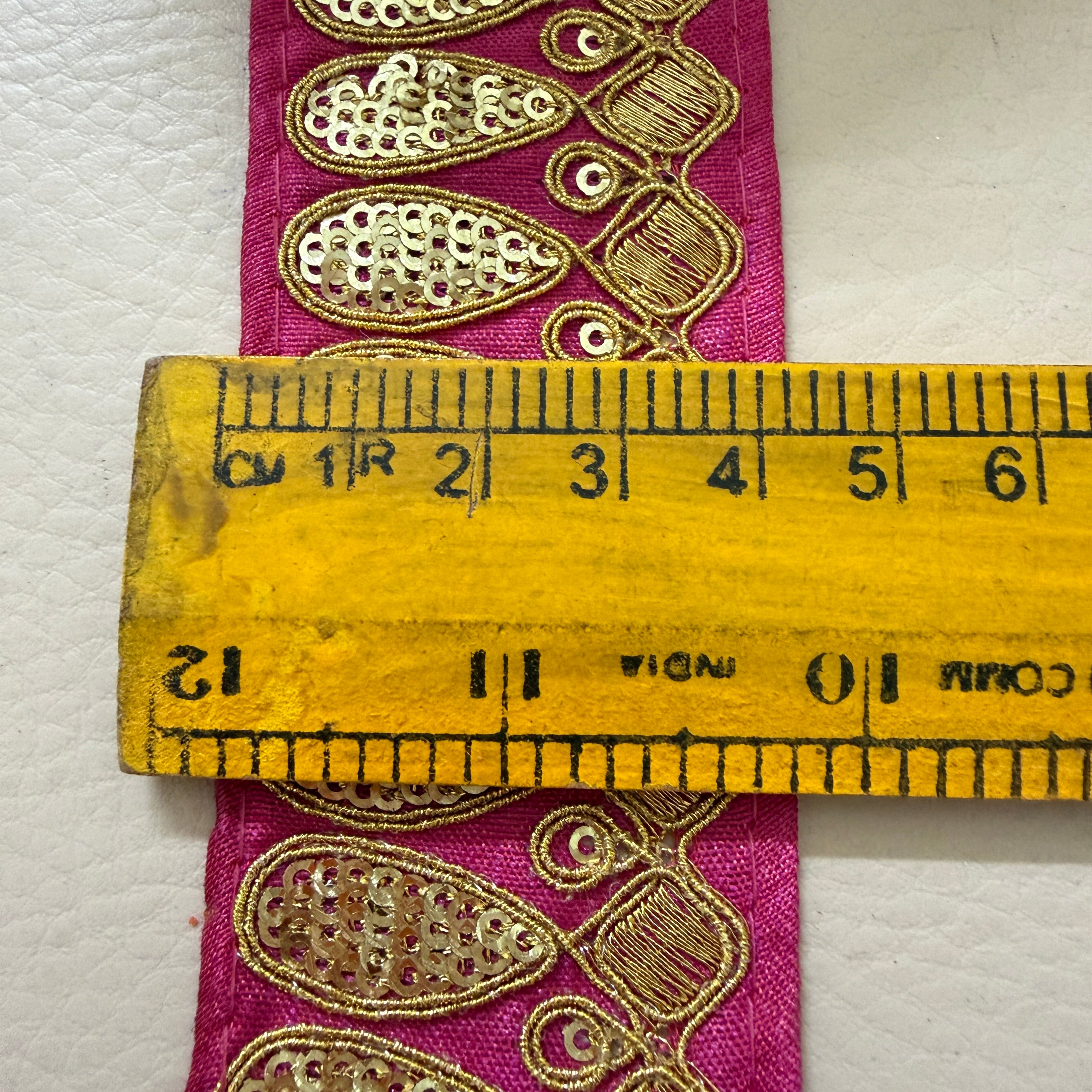 Premium Magenta Pink & Gold Embroidered Lace Border Trim – 9 Yards.
