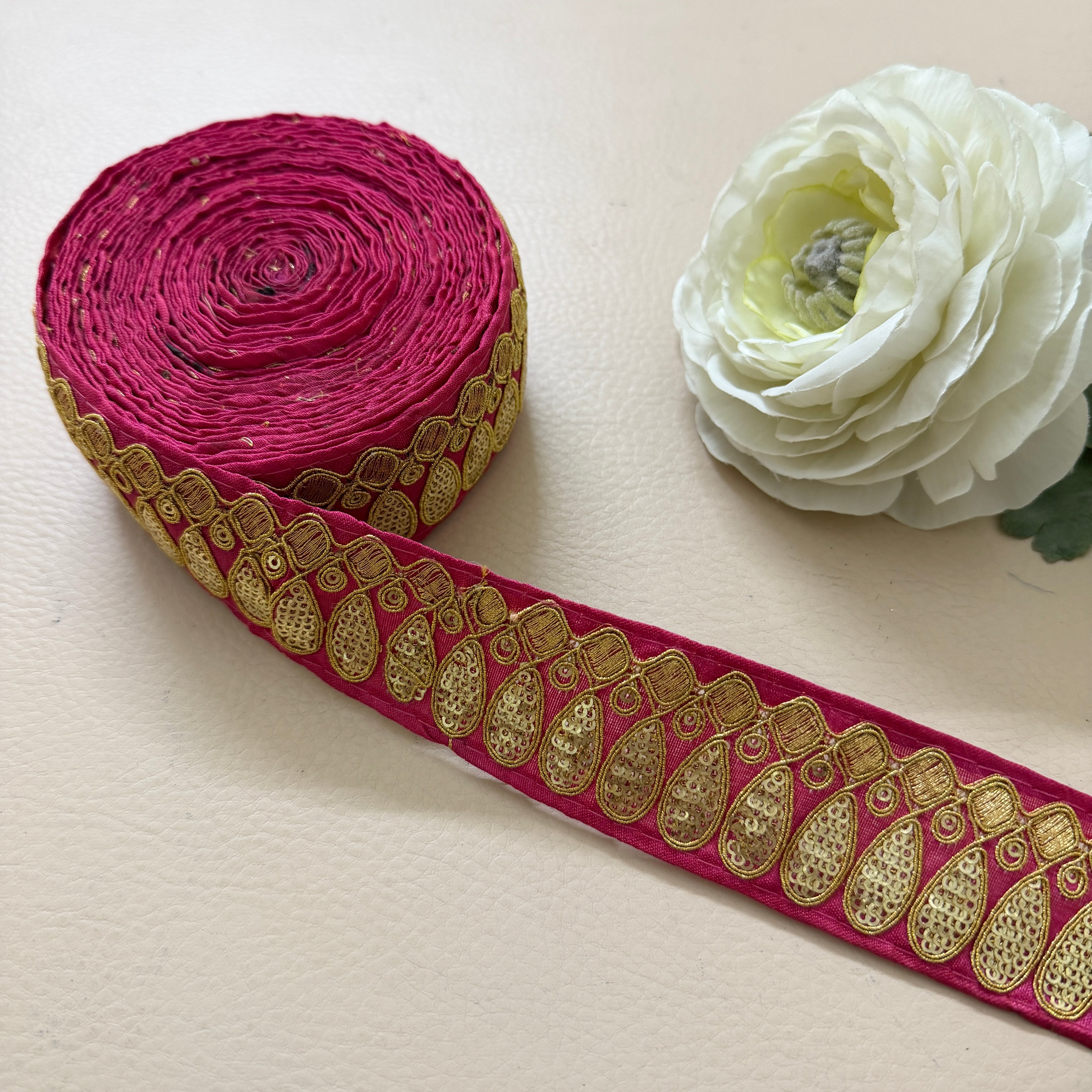 Premium Magenta Pink & Gold Embroidered Lace Border Trim – 9 Yards.