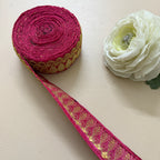 Premium Magenta Pink & Gold Embroidered Lace Border Trim – 9 Yards.