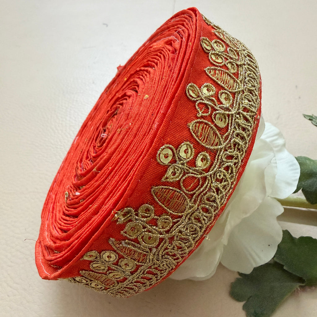 Premium Orange & Gold Embroidered Lace Border Trim – 9 Yards.