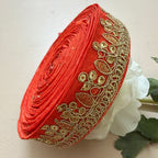 Premium Orange & Gold Embroidered Lace Border Trim – 9 Yards.