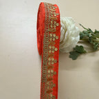 Premium Orange & Gold Embroidered Lace Border Trim – 9 Yards.