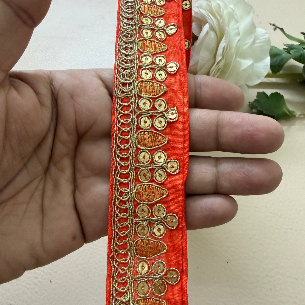 Premium Orange & Gold Embroidered Lace Border Trim – 9 Yards.