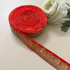 Premium Orange & Gold Embroidered Lace Border Trim – 9 Yards.