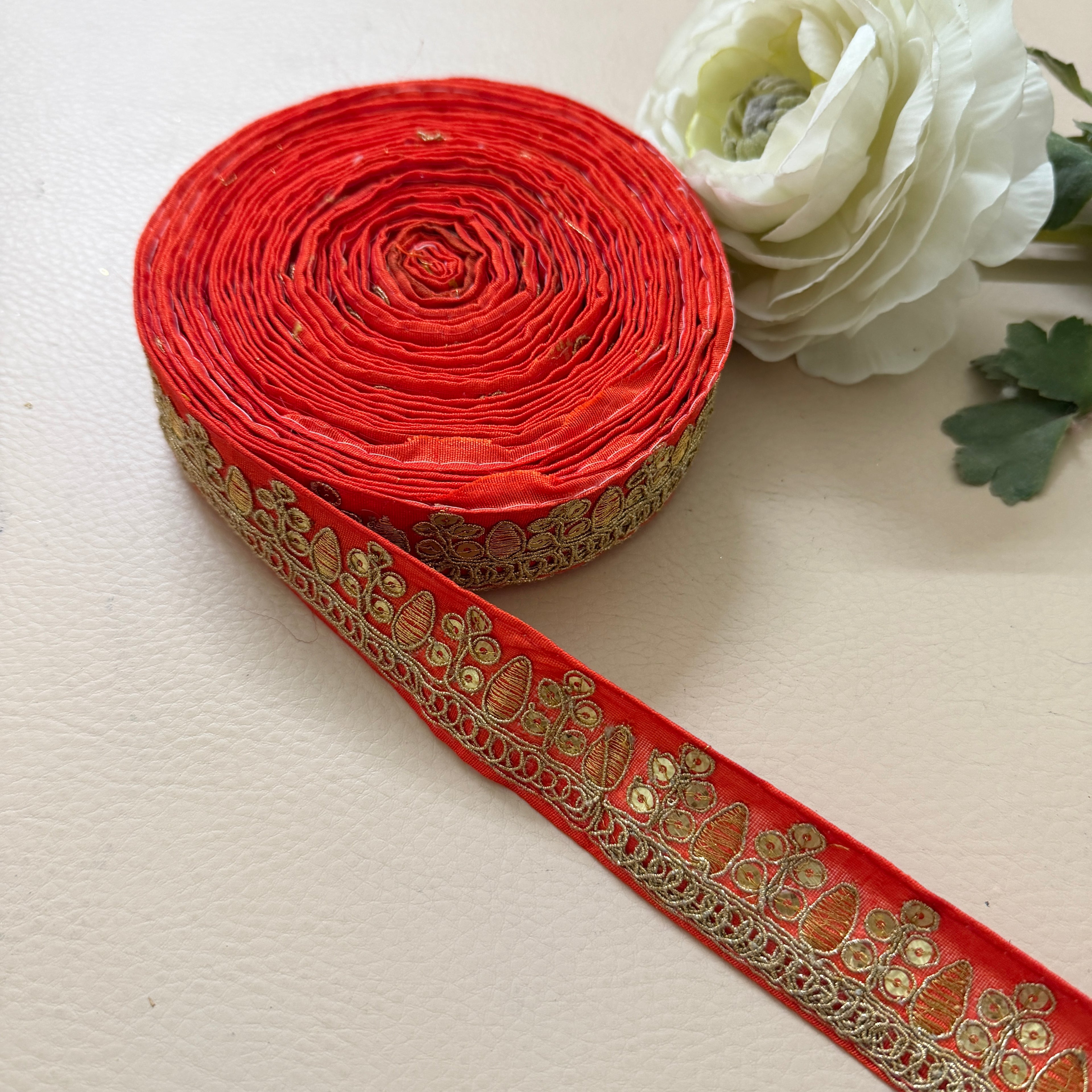 Premium Orange & Gold Embroidered Lace Border Trim – 9 Yards.