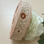 Elegant Peach Pink & Ivory Floral Embroidered Lace Border Trim – 9 Yards.