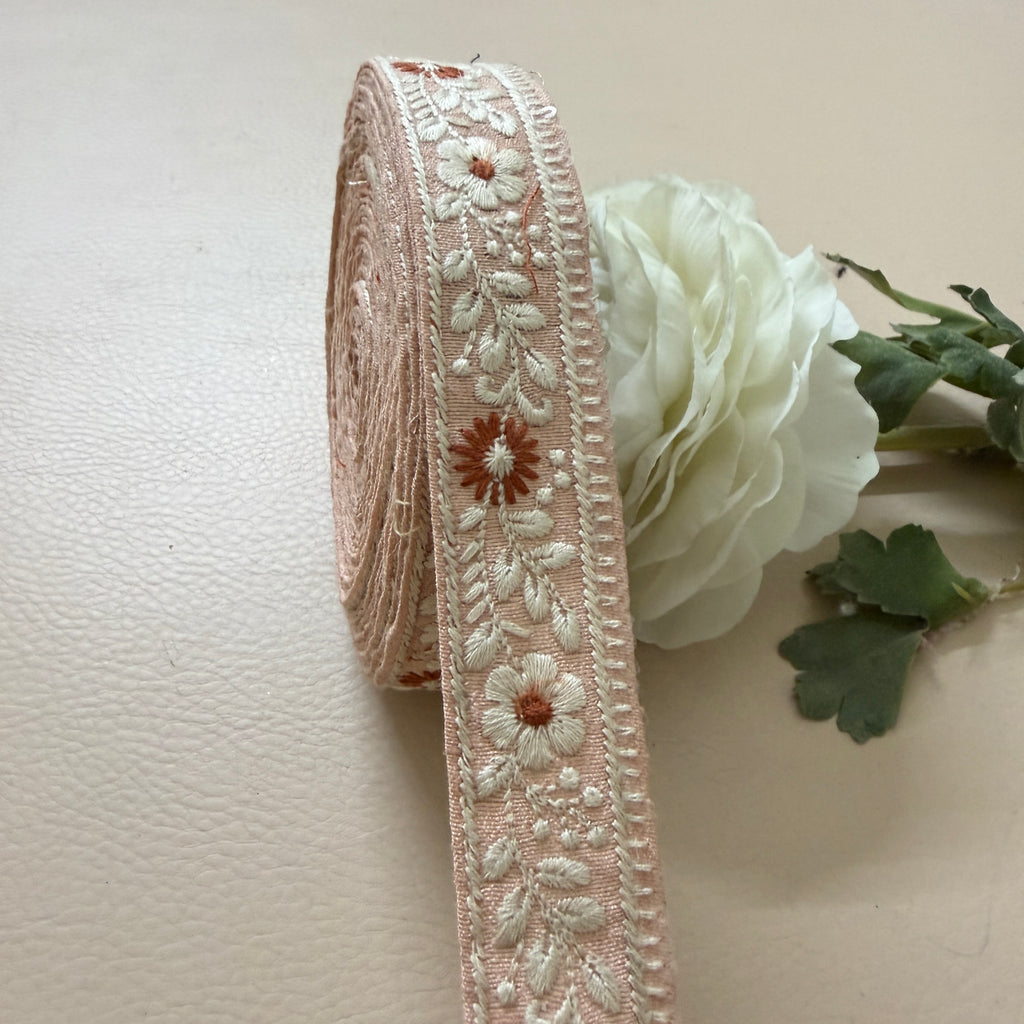 Elegant Peach Pink & Ivory Floral Embroidered Lace Border Trim – 9 Yards.