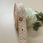 Elegant Peach Pink & Ivory Floral Embroidered Lace Border Trim – 9 Yards.