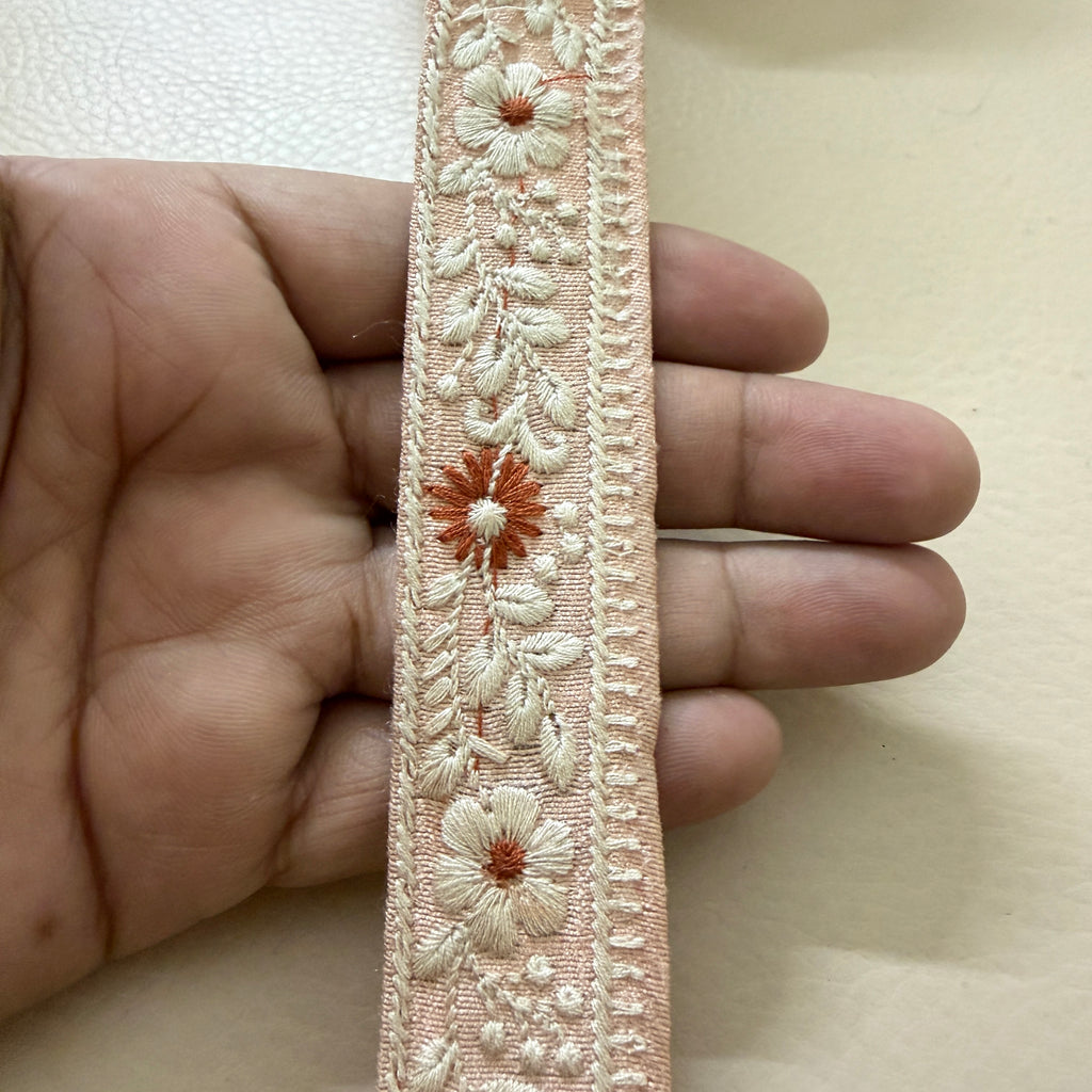 Elegant Peach Pink & Ivory Floral Embroidered Lace Border Trim – 9 Yards.