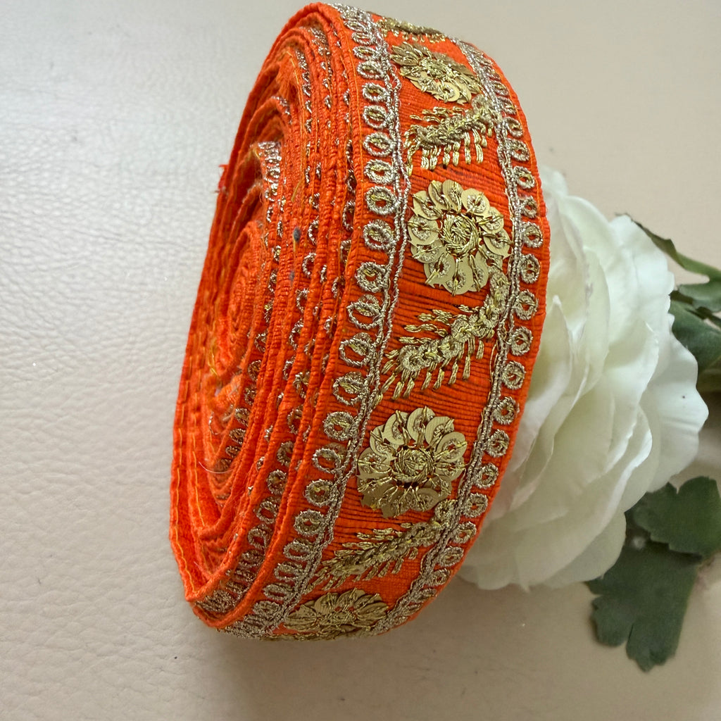 Premium Orange & Gold Embroidered Lace Trim – 9 Yards.
