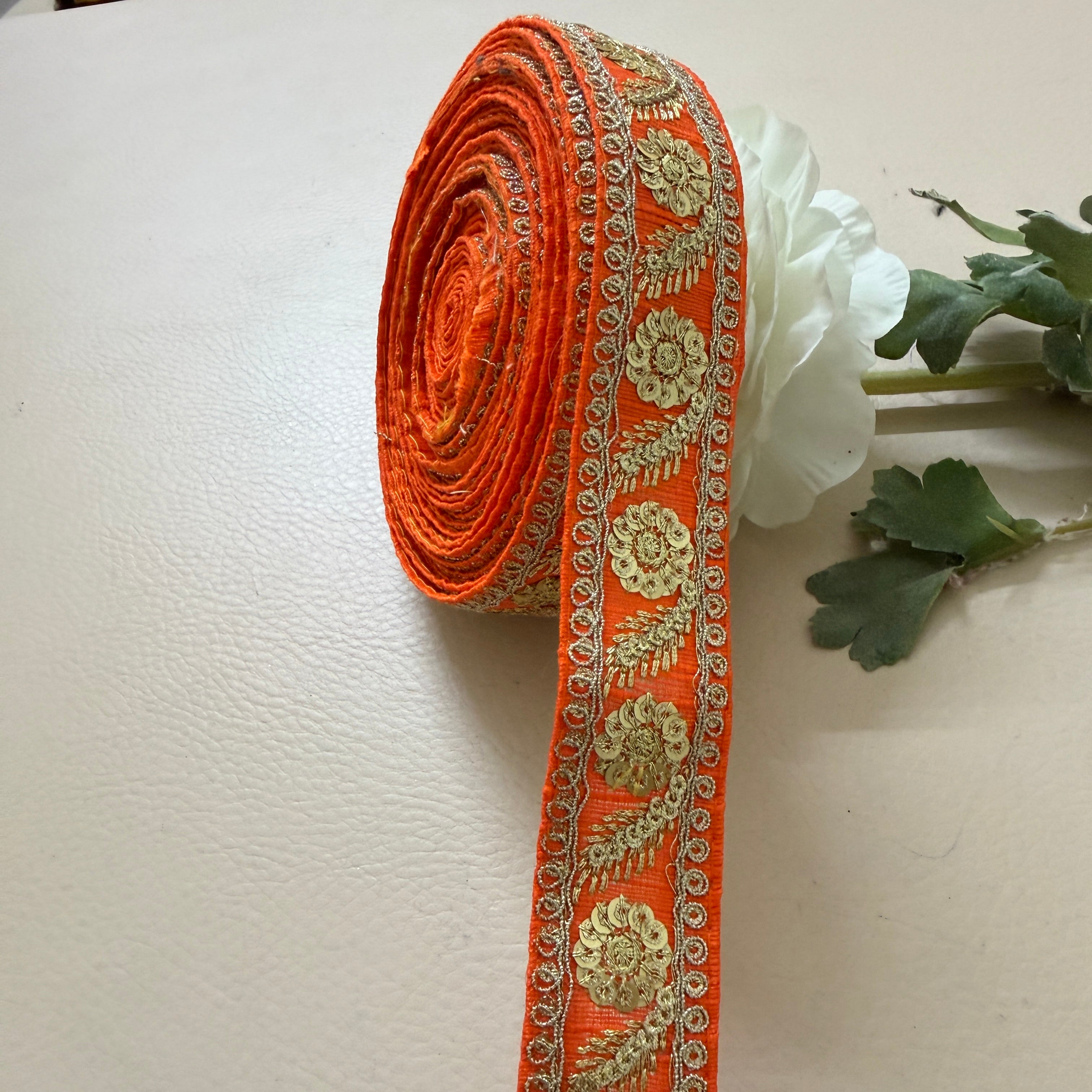 Premium Orange & Gold Embroidered Lace Trim – 9 Yards.