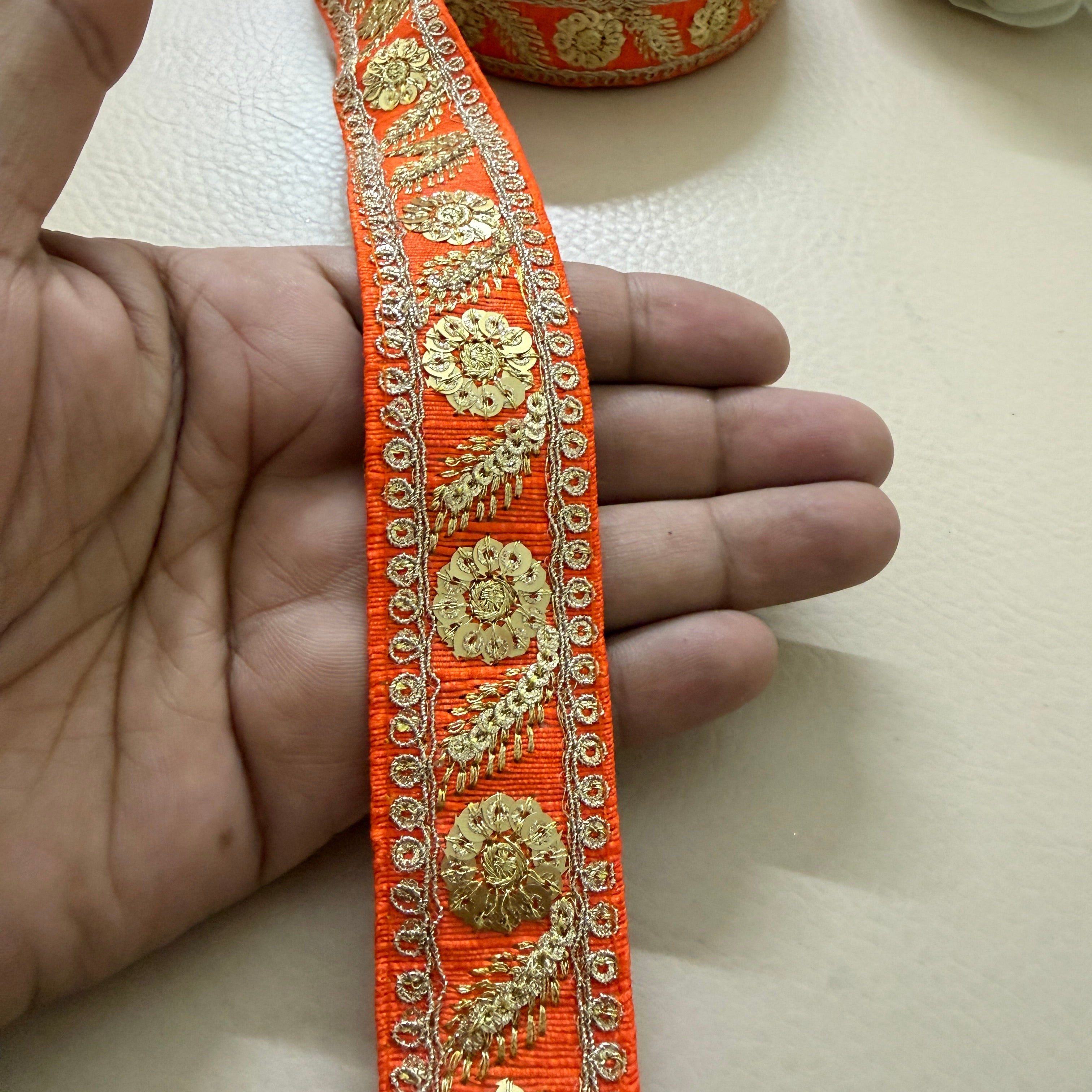 Premium Orange & Gold Embroidered Lace Trim – 9 Yards.