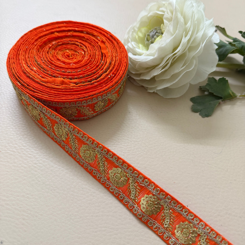 Premium Orange & Gold Embroidered Lace Trim – 9 Yards.