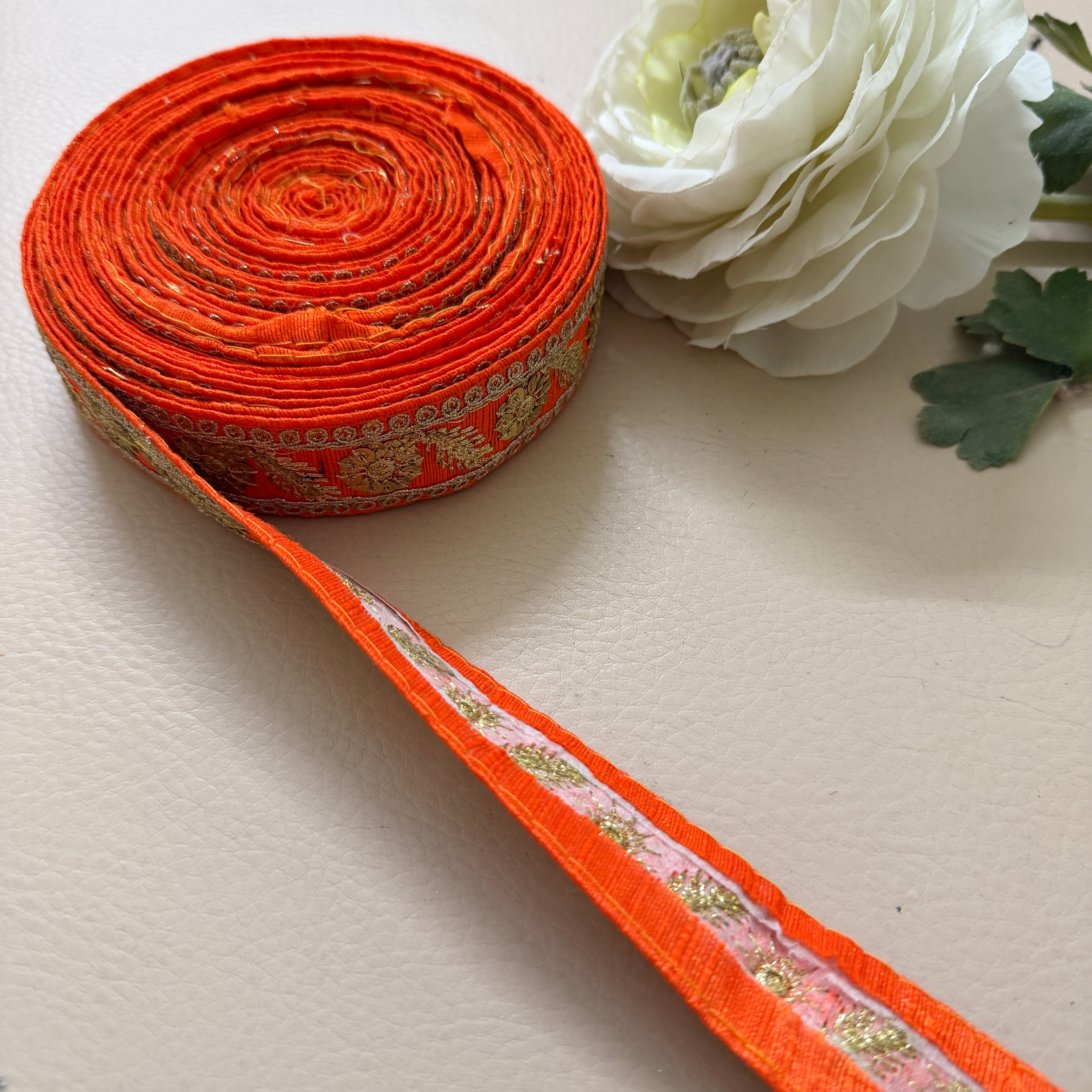 Premium Orange & Gold Embroidered Lace Trim – 9 Yards.