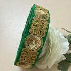 Premium Green & Gold Embroidered Lace Border Trim – 9 Yards.