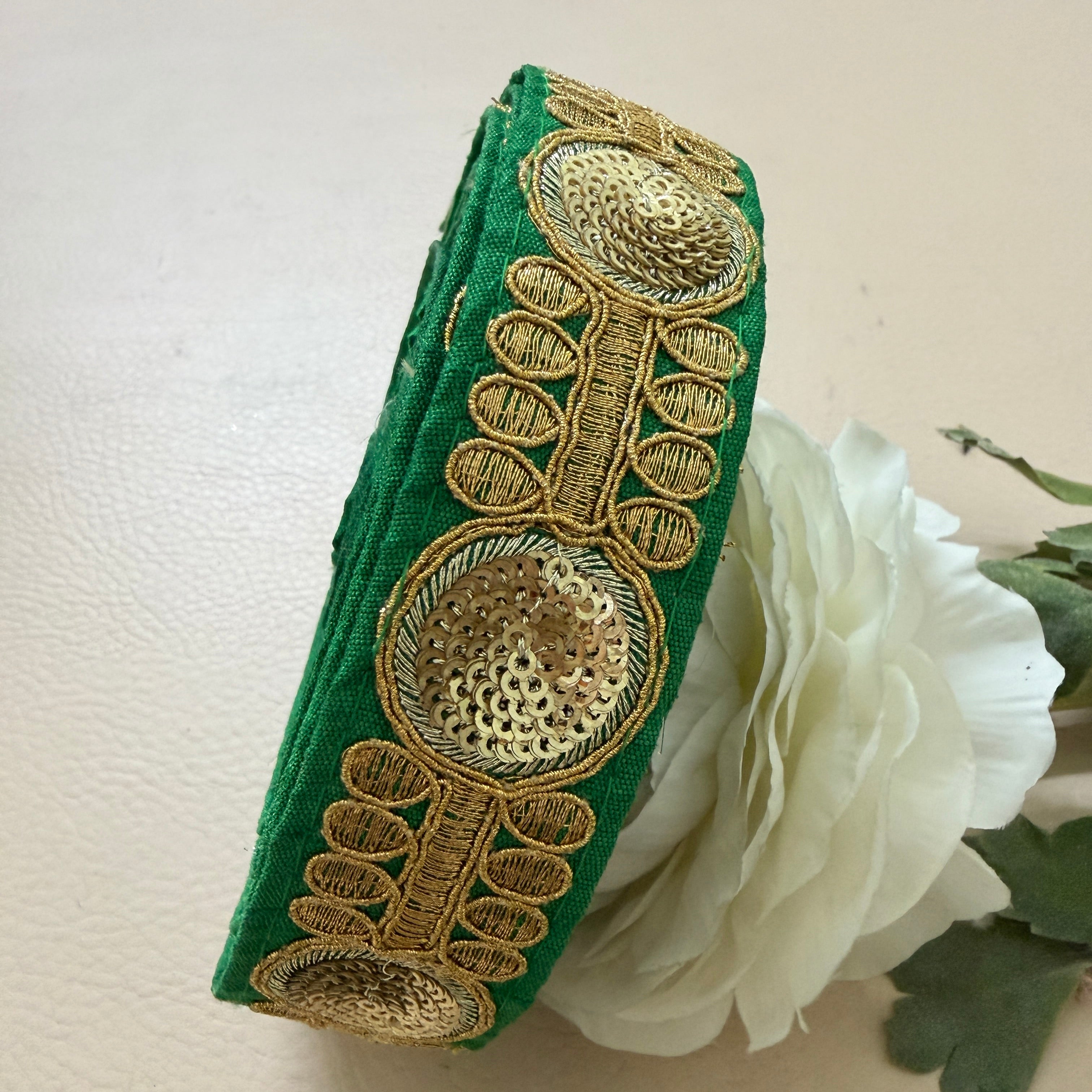 Premium Green & Gold Embroidered Lace Border Trim – 9 Yards.