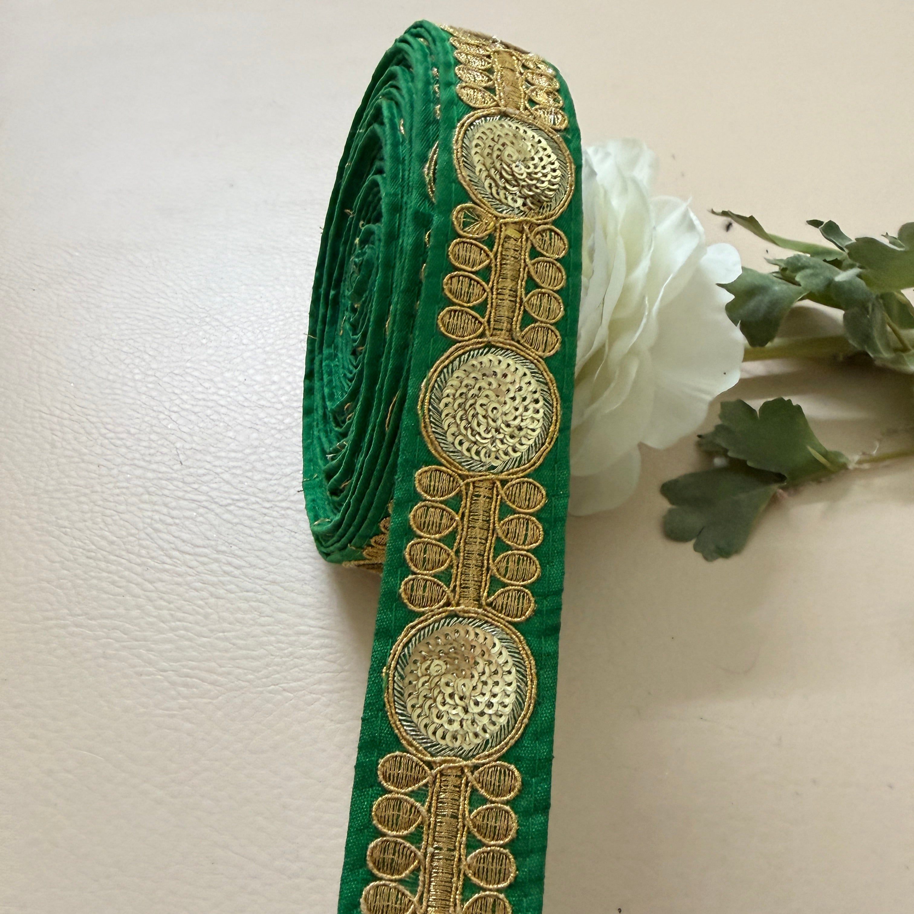 Premium Green & Gold Embroidered Lace Border Trim – 9 Yards.