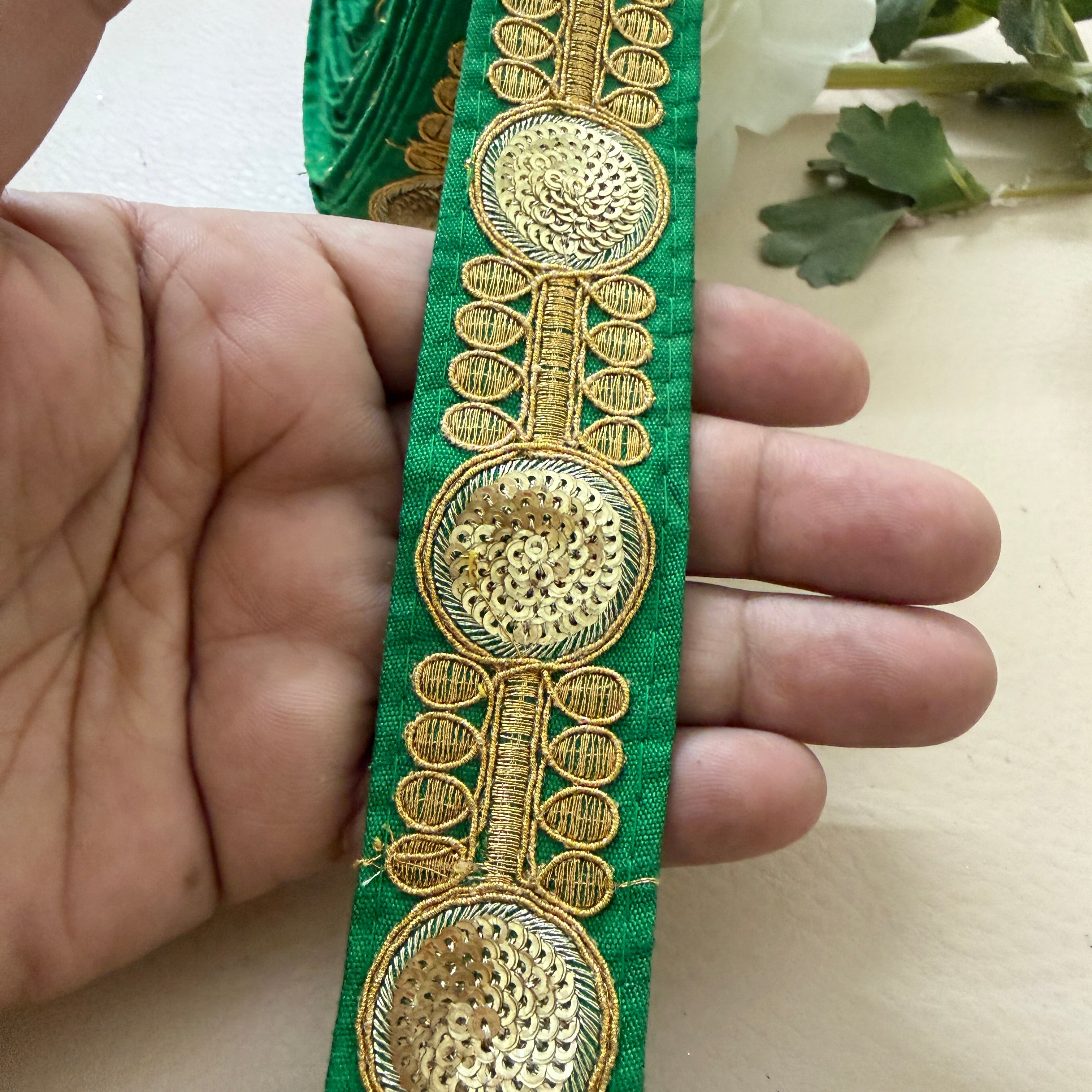 Premium Green & Gold Embroidered Lace Border Trim – 9 Yards.