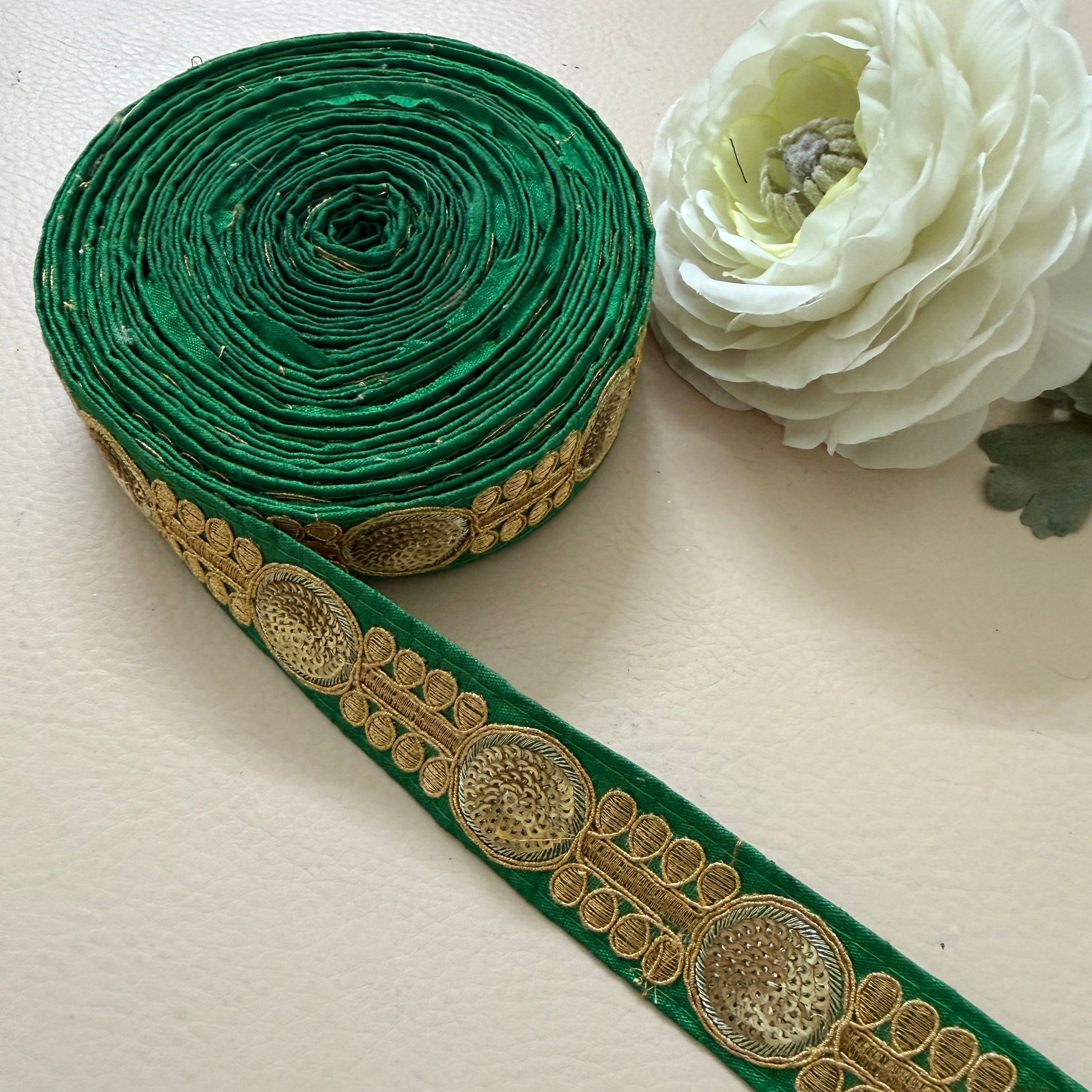 Premium Green & Gold Embroidered Lace Border Trim – 9 Yards.