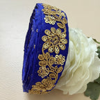 Royal Blue & Gold Floral Embroideree Border – 9 Yards Designer Zari Trim for Saree.
