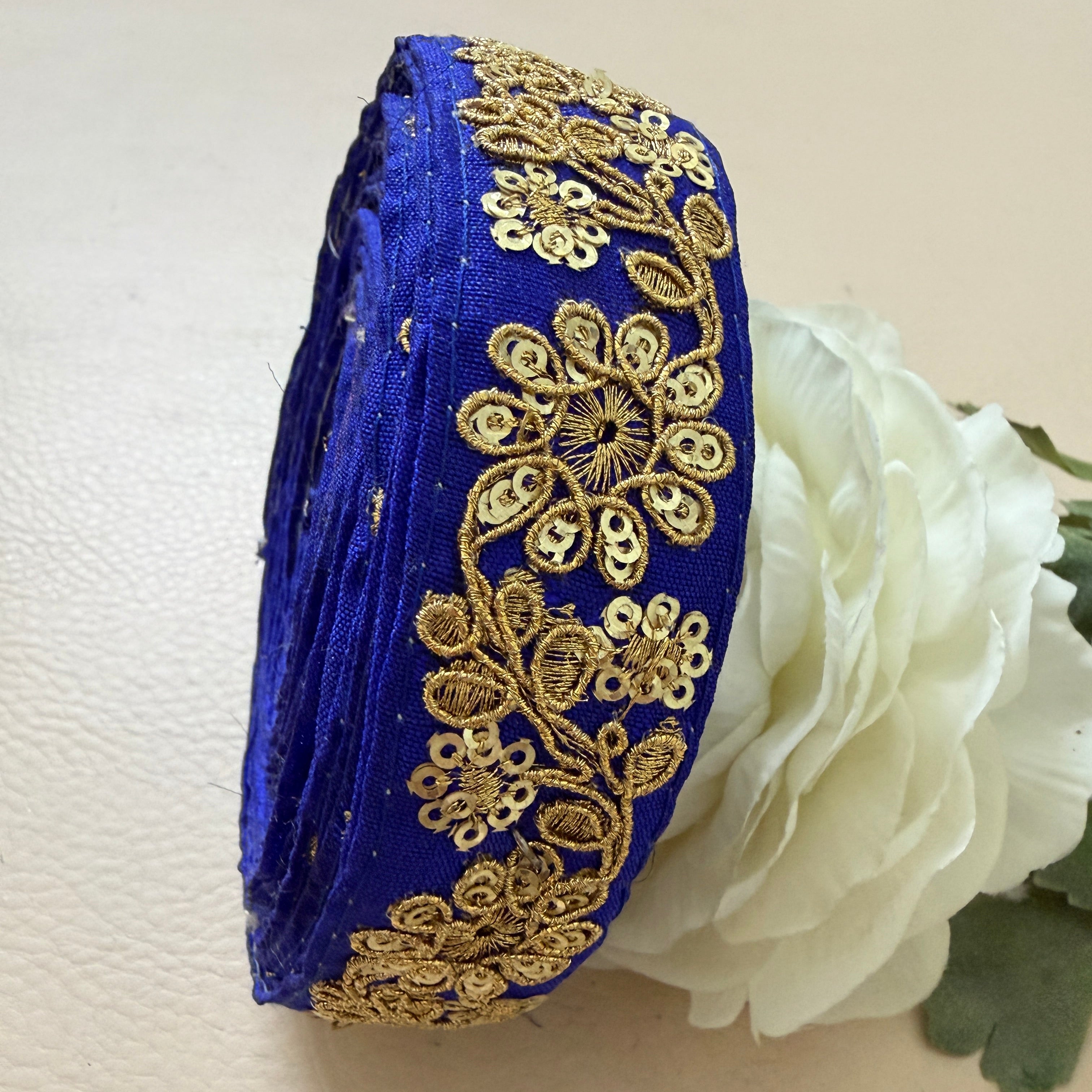 Royal Blue & Gold Floral Embroideree Border – 9 Yards Designer Zari Trim for Saree.